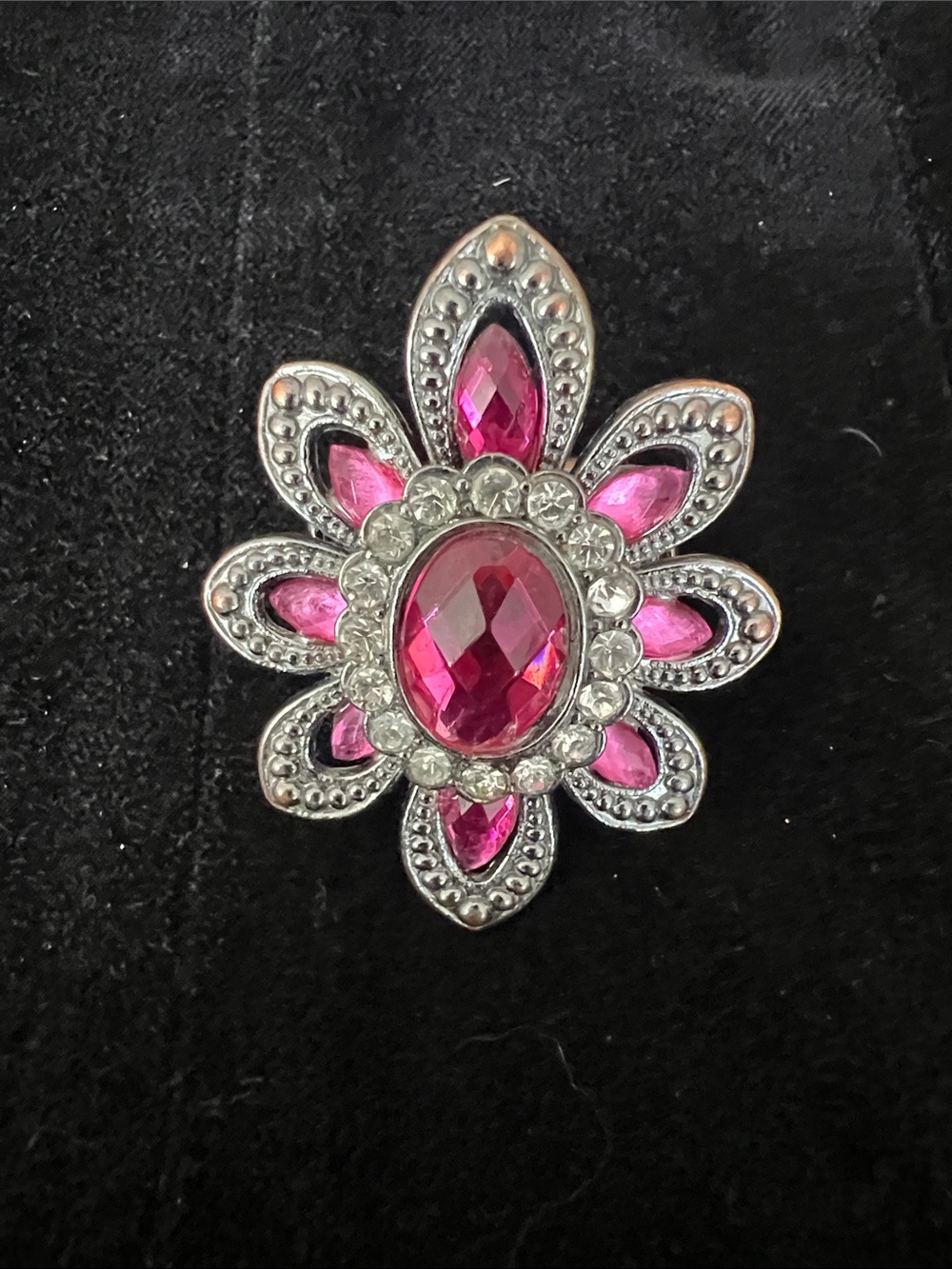 Pink Floral Statement Ring with Silver-Tone Detailing
